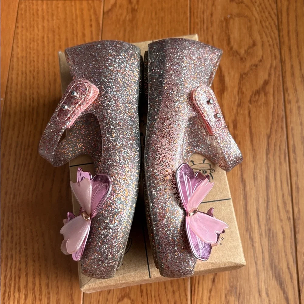 Mini Melissa Pink Glitter Mary Jane Shoes with Butterflies lightly used with box
